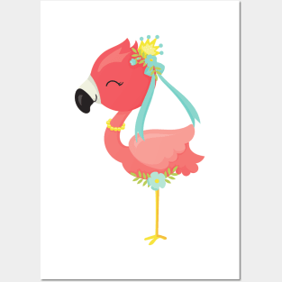 Princess Flamingo, Crown, Flowers, Cute Flamingo Posters and Art